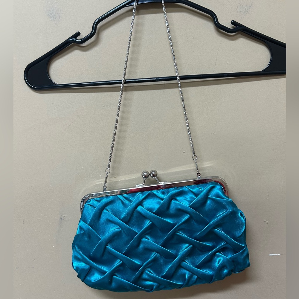 Jessica McClintock Teal Satin Purse Evening Bag Kiss Lock NWT